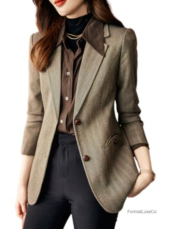 Jackets & Blazers - Wool Blend Notched Lapel Plaid Herringbone Blazer Jacket Single Breasted Slim